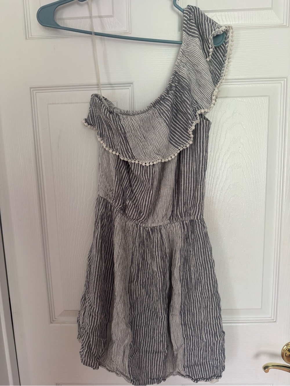 American Eagle Outfitters One-Shoulder Striped Ruffle Dress - Gray/White